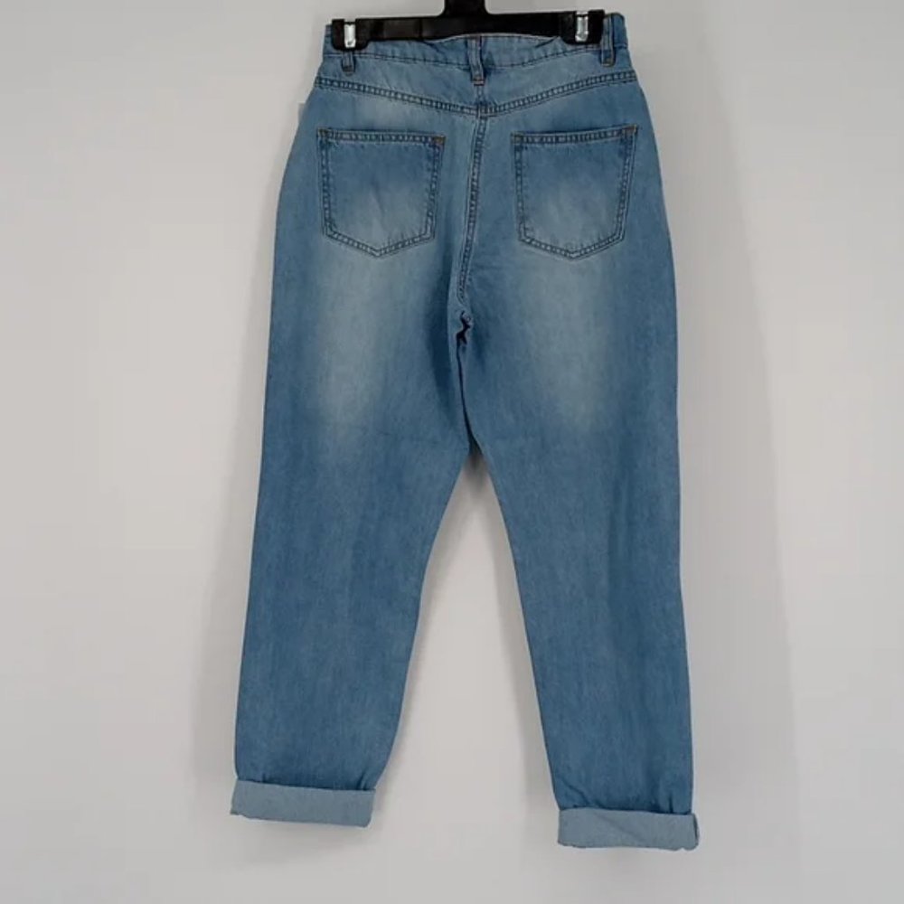 Blue High Waist Distressed Ripped Cuffed Boyfriend Jeans Denim Pants - Picture 13 of 16